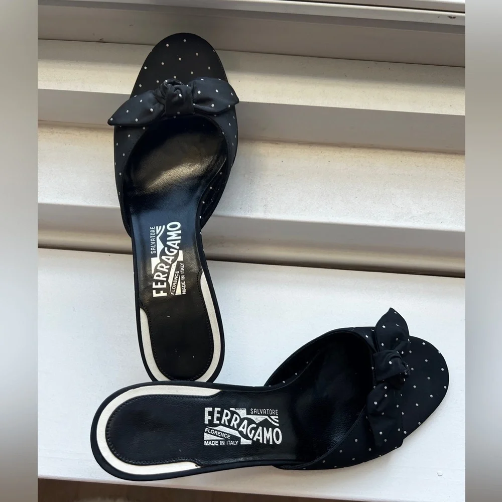 Salvatore Ferragamo Black Polka Dot Mules - Picture 1 of 13